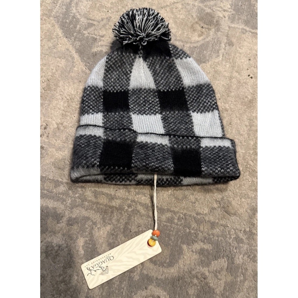 Quagga Black Buffalo Check Women's Beanie Pom‎ Pom One Size New
